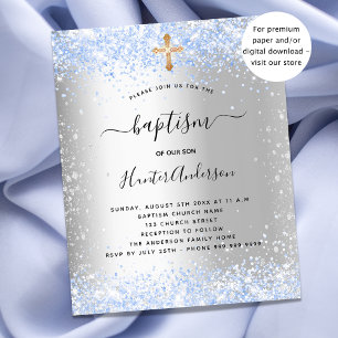 Baptism budgetinbjudan för silver blå glitter-pojk flygblad