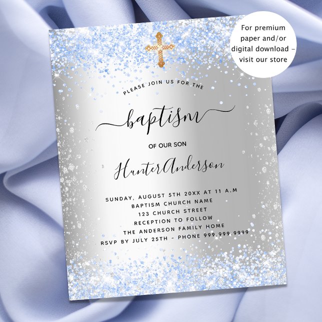 Baptism budgetinbjudan för silver blå glitter-pojk flygblad (Skapare uppladdad)