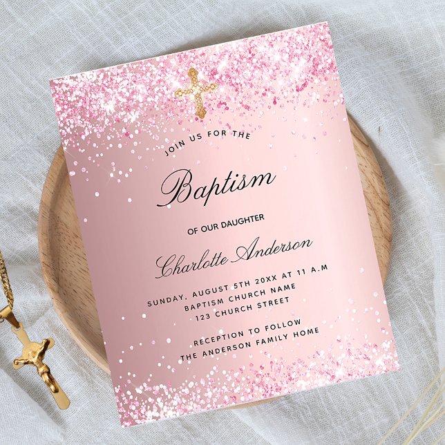 Baptism budgetinbjudan till  rosa glitter-flickan flygblad (Skapare uppladdad)