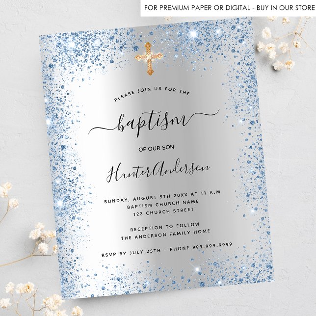 Baptism budgetinbjudan till silver Blue boyen glit Flygblad (Skapare uppladdad)