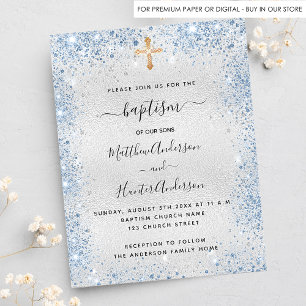 Baptism Budgetinbjudan till silver Blue twin-pojka Flygblad