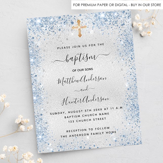 Baptism Budgetinbjudan till silver Blue twin-pojka Flygblad (Skapare uppladdad)
