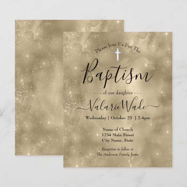 Baptism-budgetinbjudningar guld Glitter (Fram/baksida)