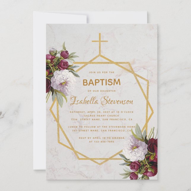 Baptism Burgundy Peonies Marble Guld Geometric Inbjudningar (Framsida)