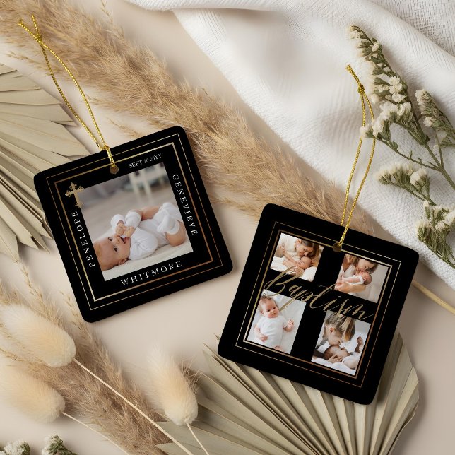 Baptism Calligraphy Photo Collage Black & Gold Julgransprydnad Keramik (Baptism Calligraphy Photo Collage Black & Gold Ceramic Ornament)