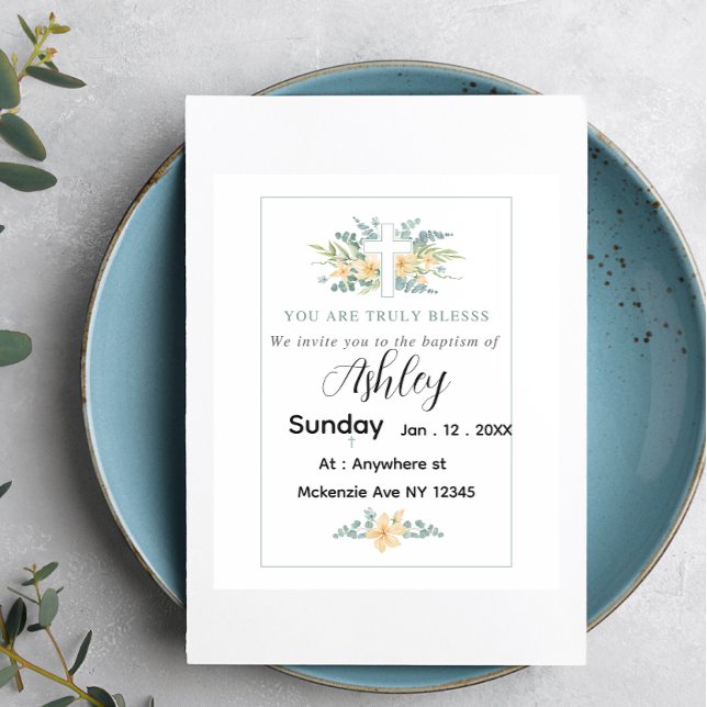 Baptism Card  minimalist with Cross and Flowers Inbjudningar (Skapare uppladdad)