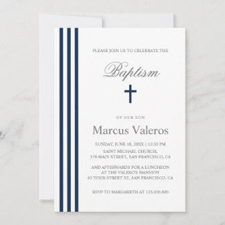 BAPTISM Chic Lodrät Stripe Navy Blue Kor Inbjudningar