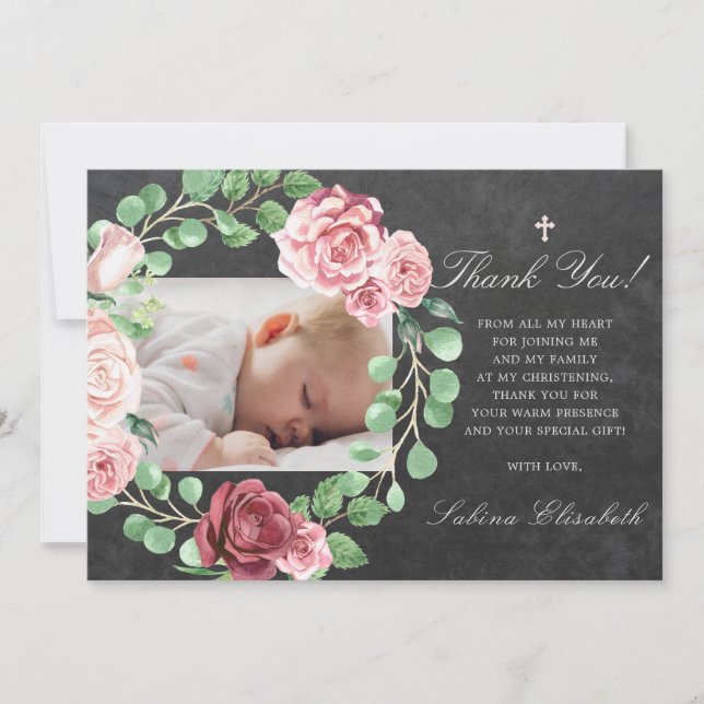 Baptism Christening Baby Garden Blommigt Photo Tack Kort (Framsida)