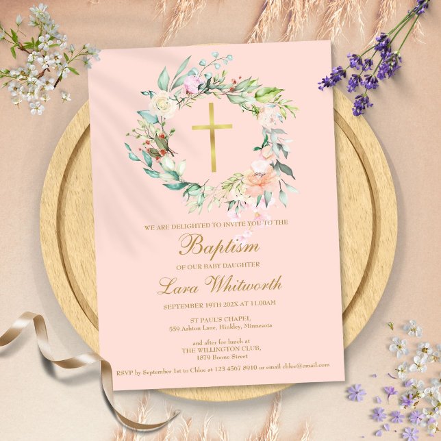 Baptism Christening Blommigt Garlands  Rosa Inbjudningar (Baptism Christening Floral Garland Blush Pink Invitation)