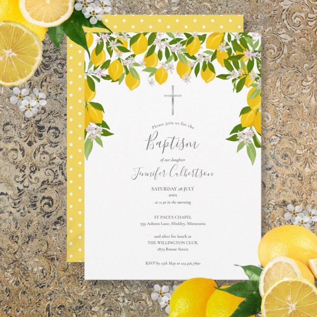 Baptism Christening Blommigt Lemons Inbjudningar (Baptism Christening Floral Lemons Invitation)