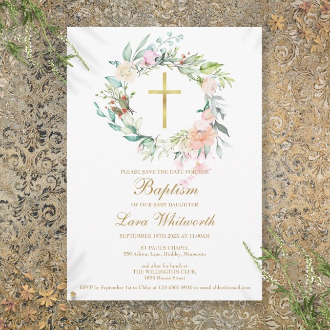 Baptism Christening Blommigt Watercolor Garland Spara Datumet (Baptism Christening Floral Watercolor Garland Save The Date)
