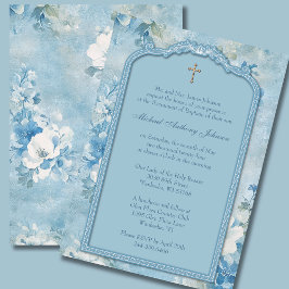 Baptism Christening Blue White Blommigt Inbjudningar