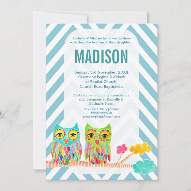 Baptism Christening Chevron Rainbow Uggla Inbjudan (Framsida)