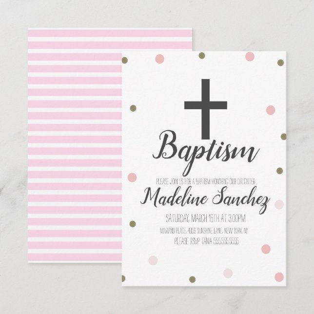 Baptism Christening Confetti Rosa Foil Guld Dots Inbjudningar (Fram/baksida)