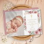 Baptism Christening Dusty Ro Blommigt Photo Tack Kort<br><div class="desc">Anpassa med din foto och speciella baptism och dölj tack för ditt budskap i chic guld-brev om den här eleganten dammiga ro blommigt-designen. Designad av Thisisnotme©</div>