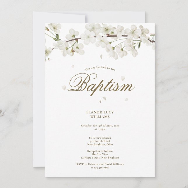 Baptism Christening Elegant White Blommar Blommigt Inbjudningar (Framsida)