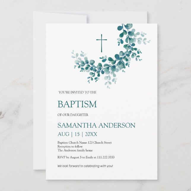 Baptism Christening Eucalyptus Greenery Minimalist Inbjudningar (Framsida)