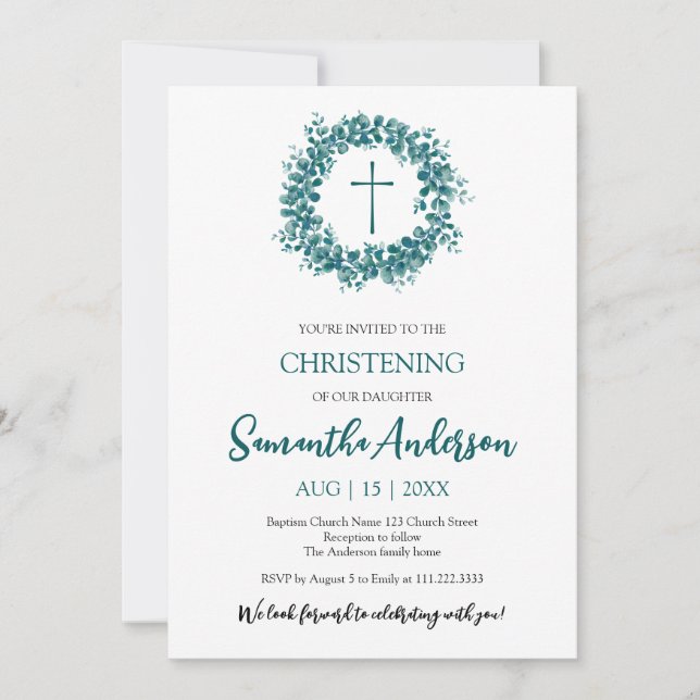 Baptism Christening Eucalyptus Greenery minimalist Inbjudningar (Framsida)