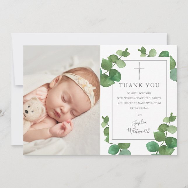 Baptism Christening Eucalyptus Greenery Photo Tack Kort (Framsida)