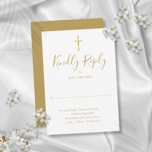 Baptism Christening First Heliga Communion Guld OSA Kort (Baptism Christening First Holy Communion Gold RSVP Card)