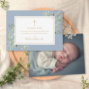 Baptism Christening Foliage Dusty Blue Photo Tack Kort