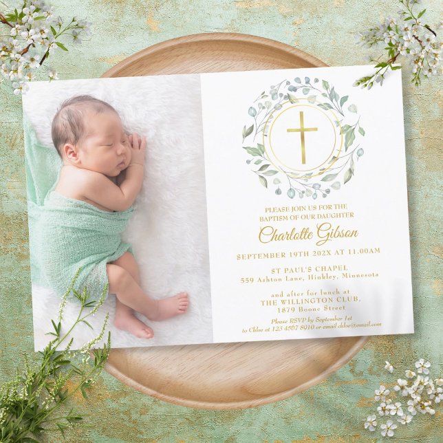 Baptism Christening Garland Guld Kor Photo Inbjudningar (Skapare uppladdad)