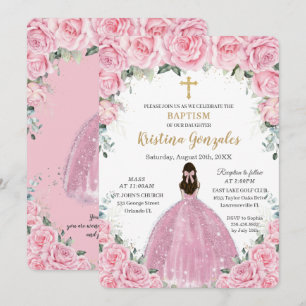 Baptism Christening Girl Rosa Blommigt Guld Kor Inbjudningar
