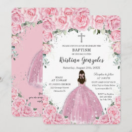 Baptism Christening Girl Rosa Blommigt Silver Kor Inbjudningar