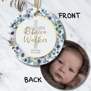 Baptism Christening Golden Blue Eucalyptus Flowers Julgransprydnad Keramik