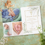 Baptism Christening Greenery 3 Photo Tack Kort<br><div class="desc">Guld namnteckning baptism,  döpande fototack. Anpassa med dina 3 foton och speciella baptism,  dölj tack för ditt budskap i chic guld-brev om den här moderna eleganten. Designad av Thisisnotme©</div>
