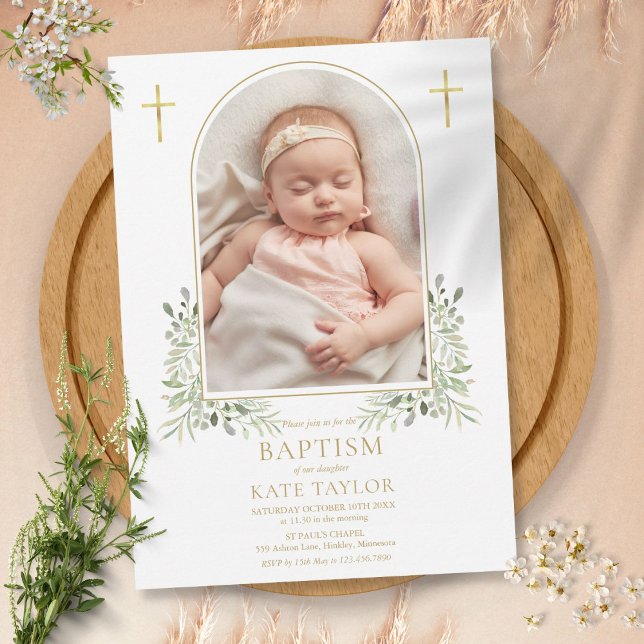 Baptism Christening Greenery Guld Arch Photo Inbjudningar (Skapare uppladdad)