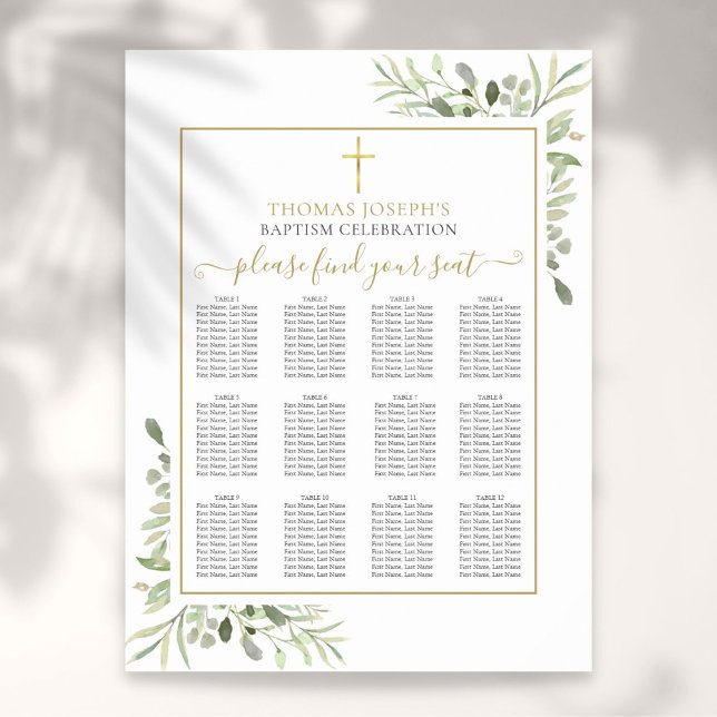 Baptism Christening Greenery Guld Seating Chart Poster (Skapare uppladdad)