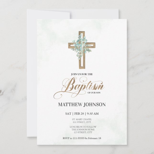 Baptism Christening Greenery Kor Elegant  Script Inbjudningar (Framsida)