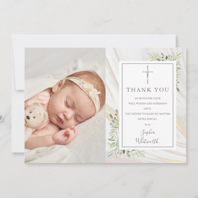 Baptism Christening Greenery Marble Swirl Photo Tack Kort (Framsida)