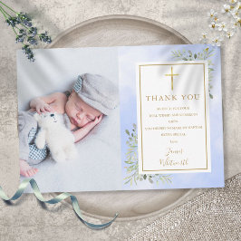 Baptism Christening Greenery Photo Blue Watercolor Tack Kort