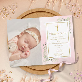 Baptism Christening Greenery Photo Rosa Watercolor Tack Kort