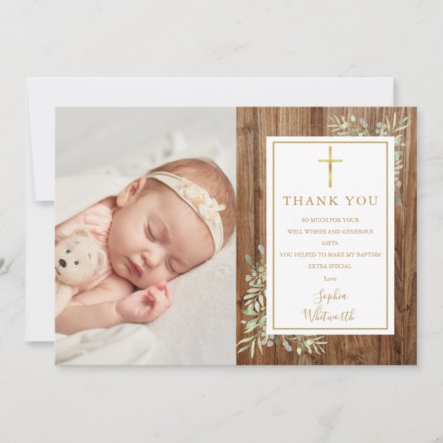 Baptism Christening Greenery Photo Rustic Wood Tack Kort (Framsida)