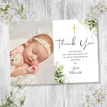 Baptism Christening Greenery Photo Script Tack Kort<br><div class="desc">En elegant-baptism eller ett döpande fototack. Anpassa med din foto och speciella aptism,  dölj tack för ditt budskap i chicens brev om den här moderna designen av miljövänlig blommigt. Designad av Thisisnotme©</div>