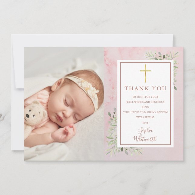 Baptism Christening Greenery Rosa Marble Photo Tack Kort (Framsida)
