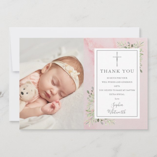 Baptism Christening Greenery Rosa Marble Photo Tack Kort (Framsida)
