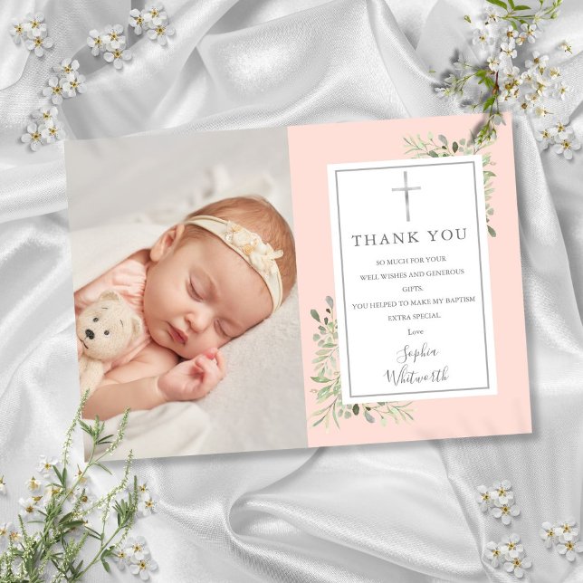 Baptism Christening Greenery  Rosa Photo Tack Kort (Baptism Christening Greenery Blush Pink Photo Thank You Card)