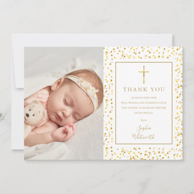 Baptism Christening Guld Hearts Confetti Photo Tack Kort (Framsida)