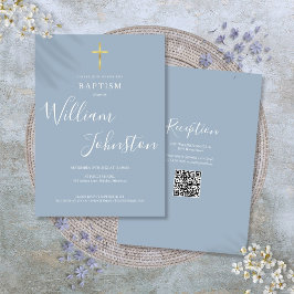 Baptism Christening Guld Kor Dusty Blue QR Code Inbjudningar