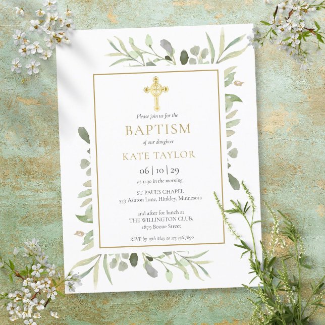 Baptism Christening Guld Kor Greenery bjudande in Inbjudan Vykort (Skapare uppladdad)