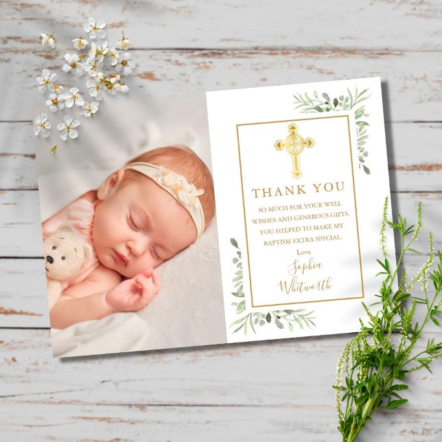 Baptism Christening Guld Kor Greenery Photo Vykort (Skapare uppladdad)