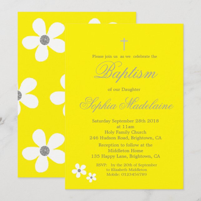 Baptism Christening Gult Daisy Silver Girl Girl Inbjudningar (Fram/baksida)
