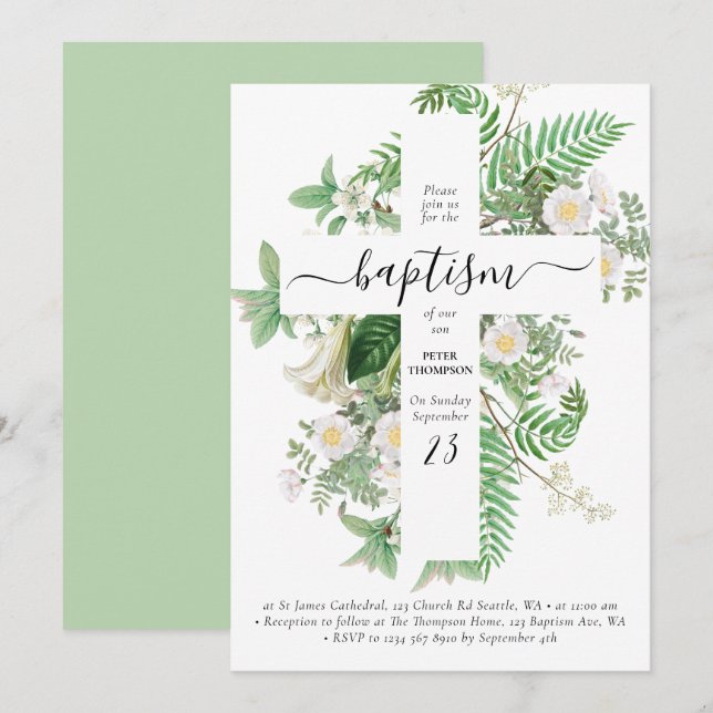 Baptism Christening Kor Greenery Gender Neutral Inbjudningar (Fram/baksida)
