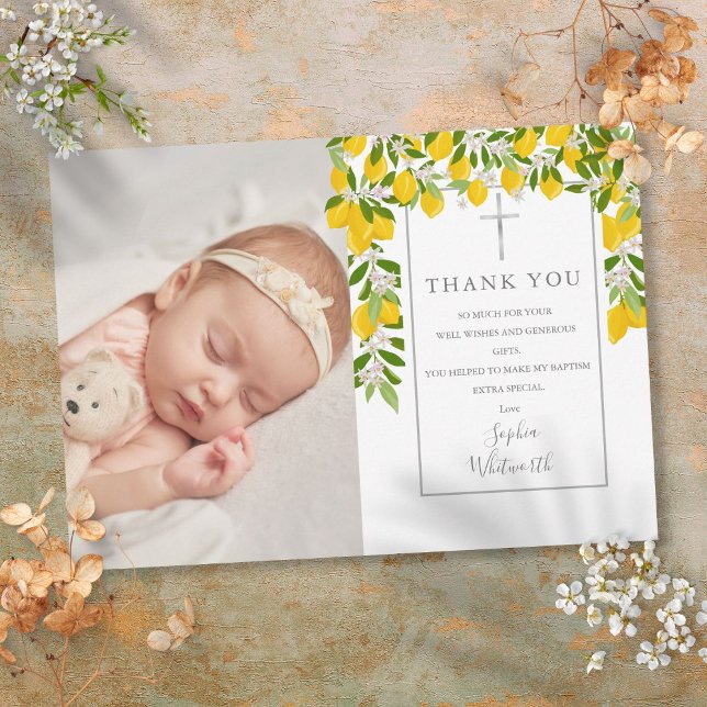 Baptism Christening Lemons Blommar Greenery Photo Tack Kort (Baptism Christening Lemons Blossom Greenery Photo Thank You Card)