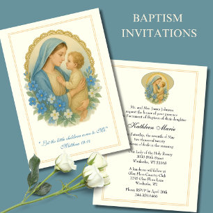 Baptism Christening Mary Jesus Blue Blommigt Inbjudningar