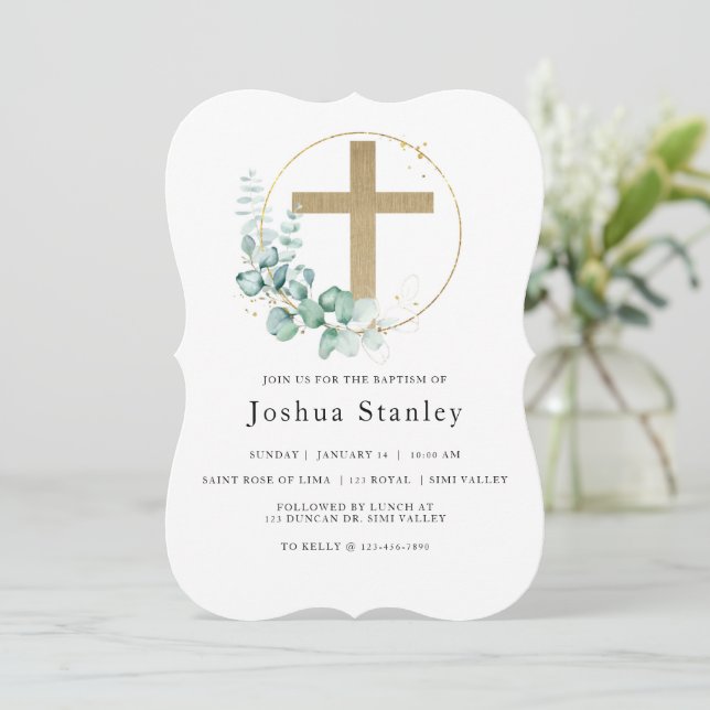 BAPTISM, Christening, Minimalist, eukalyptus Inbjudningar (Stående Fram)